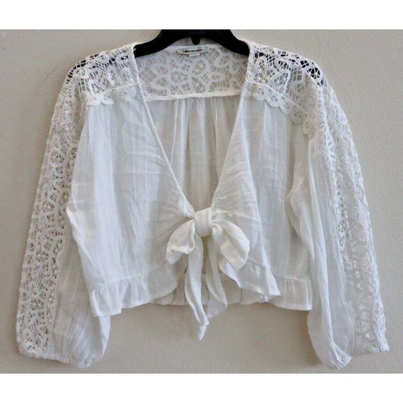 American Eagle 5633173951 Women's Sz Medium White V-Neck Lace Tie-Front Blouse - Picture 1 of 9